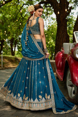Teal Blue Georgette Sequin Embroidered Lehenga