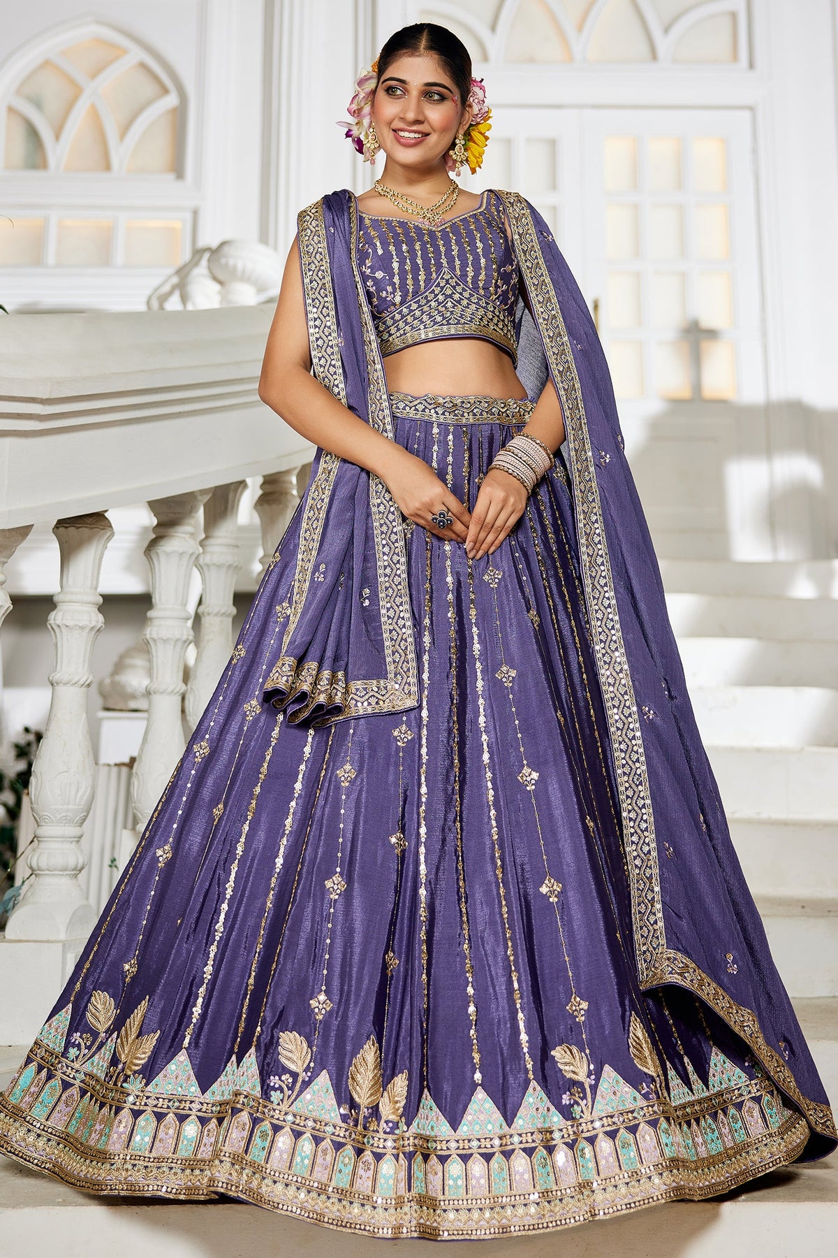 Violet Purple Georgette Sequin Embroidered Lehenga