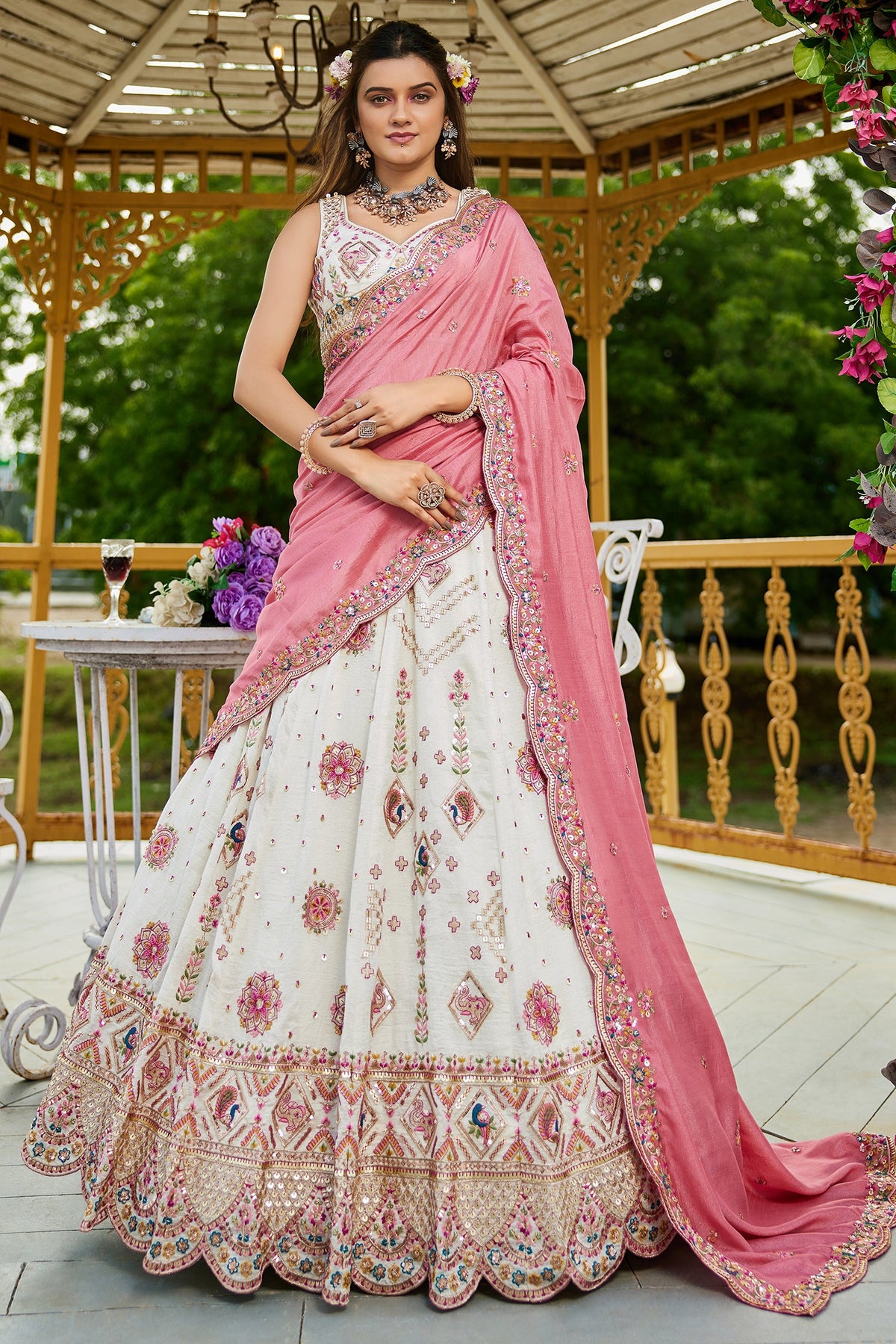 Cream Georgette All Over Sequin Embroidered Lehenga