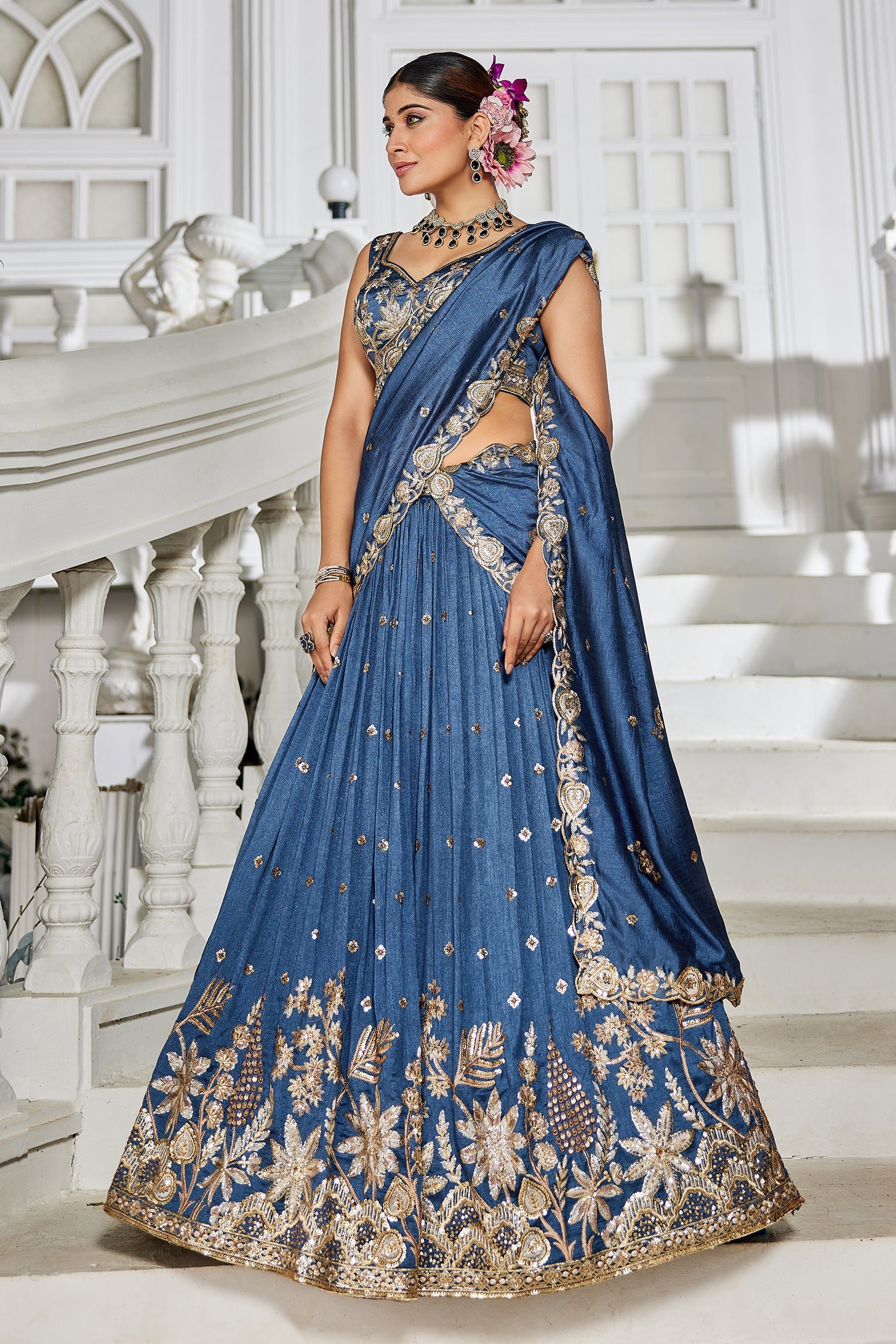 Blue Georgette Sequin Embroidered Lehenga