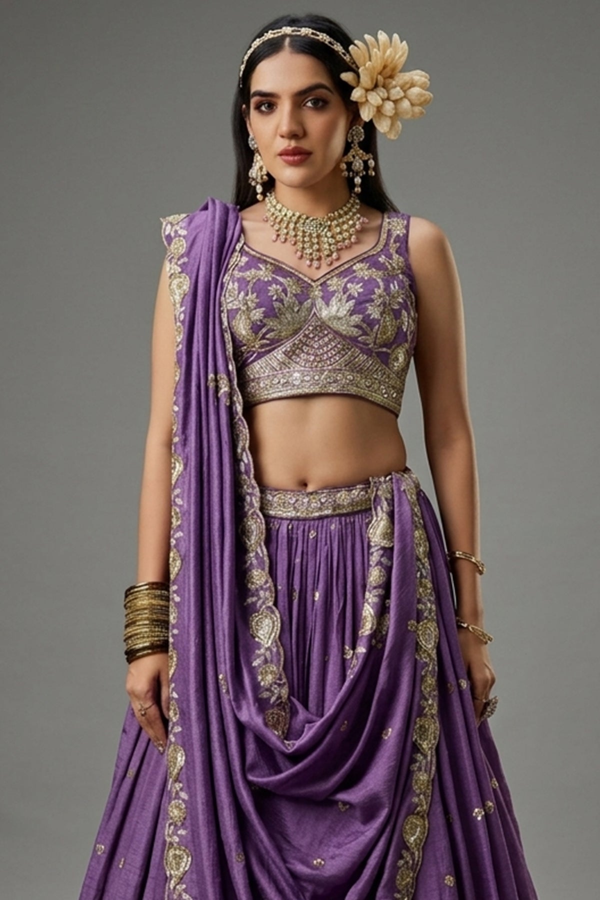 Purple Georgette Sequin Embroidered Lehenga - red georgette saree embroidered