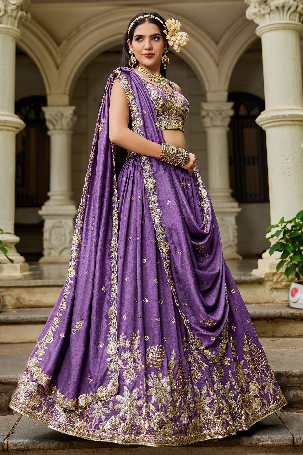 Purple Georgette Sequin Embroidered Lehenga - red georgette saree embroidered