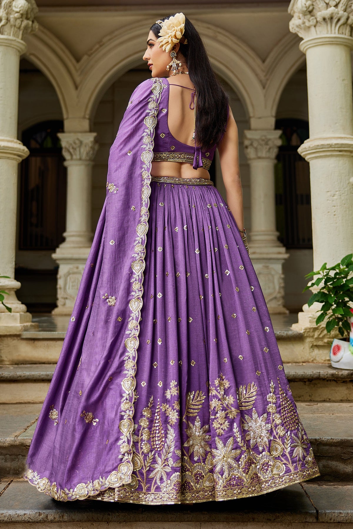 Purple Georgette Sequin Embroidered Lehenga - red georgette saree embroidered