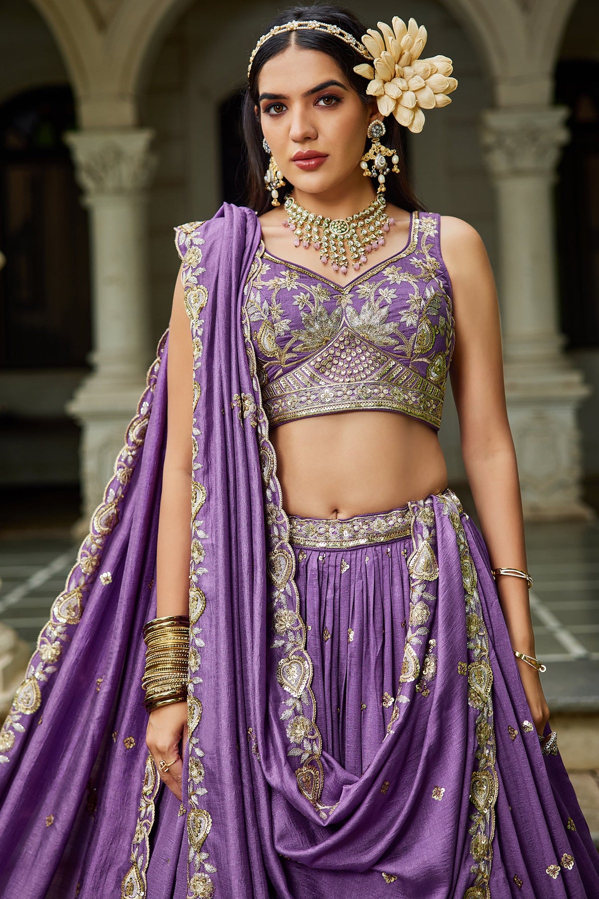 Purple Georgette Sequin Embroidered Lehenga - red georgette saree embroidered