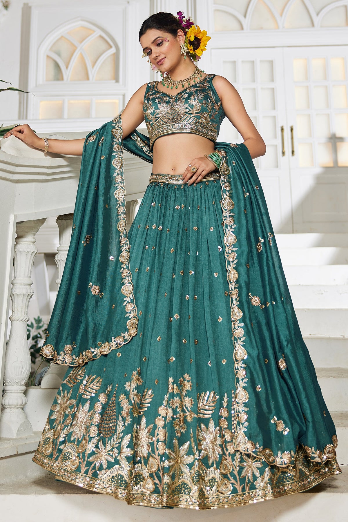 Teal Green Georgette Sequin Embroidered Lehenga