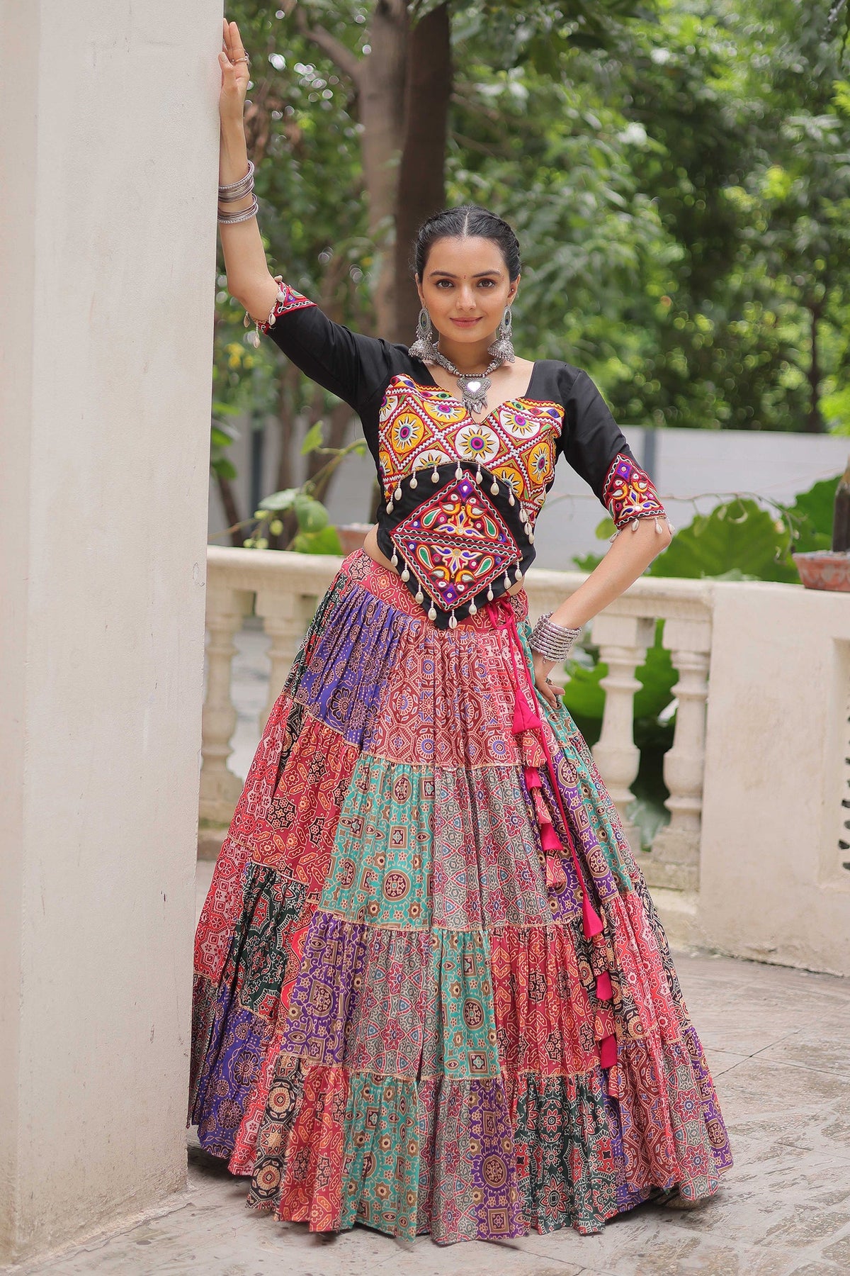 Multi Colored Cotton Printed Lehenga with Kachchi Worked Choli