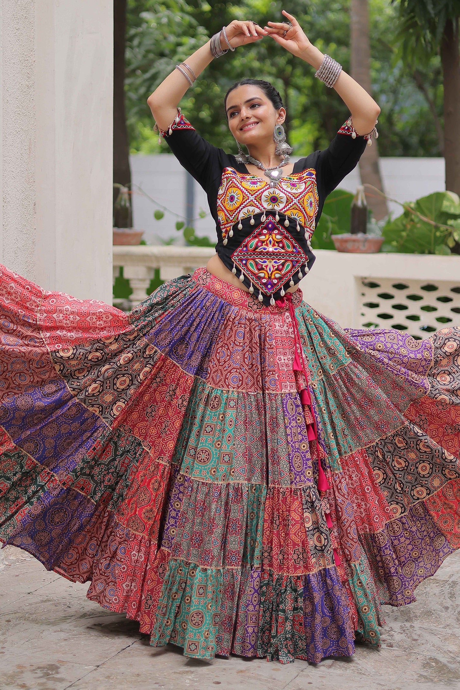 Multi Colored Cotton Printed Lehenga with Kachchi Worked Choli