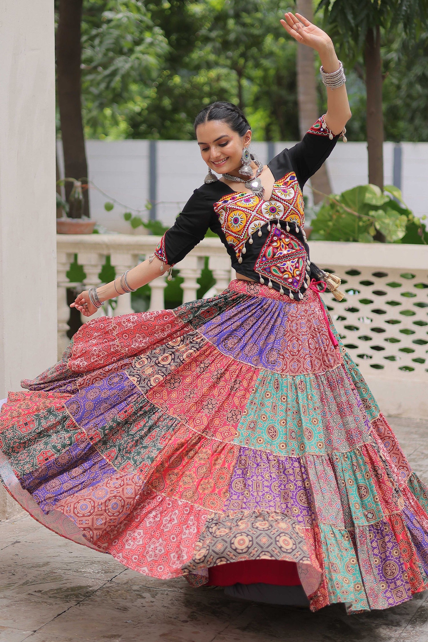 Multi Colored Cotton Printed Lehenga with Kachchi Worked Choli