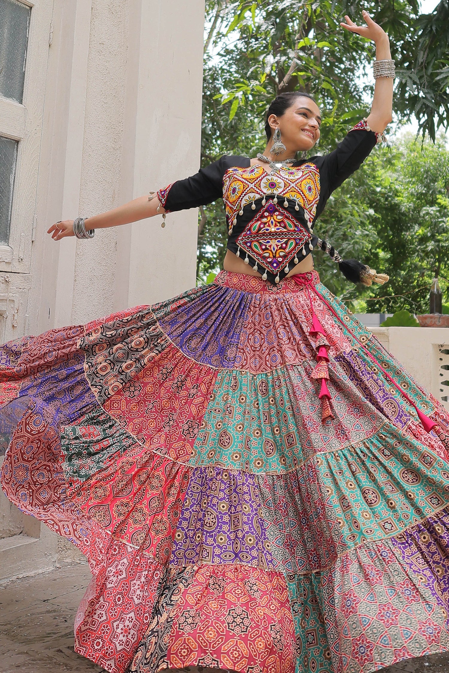 Multi Colored Cotton Printed Lehenga with Kachchi Worked Choli