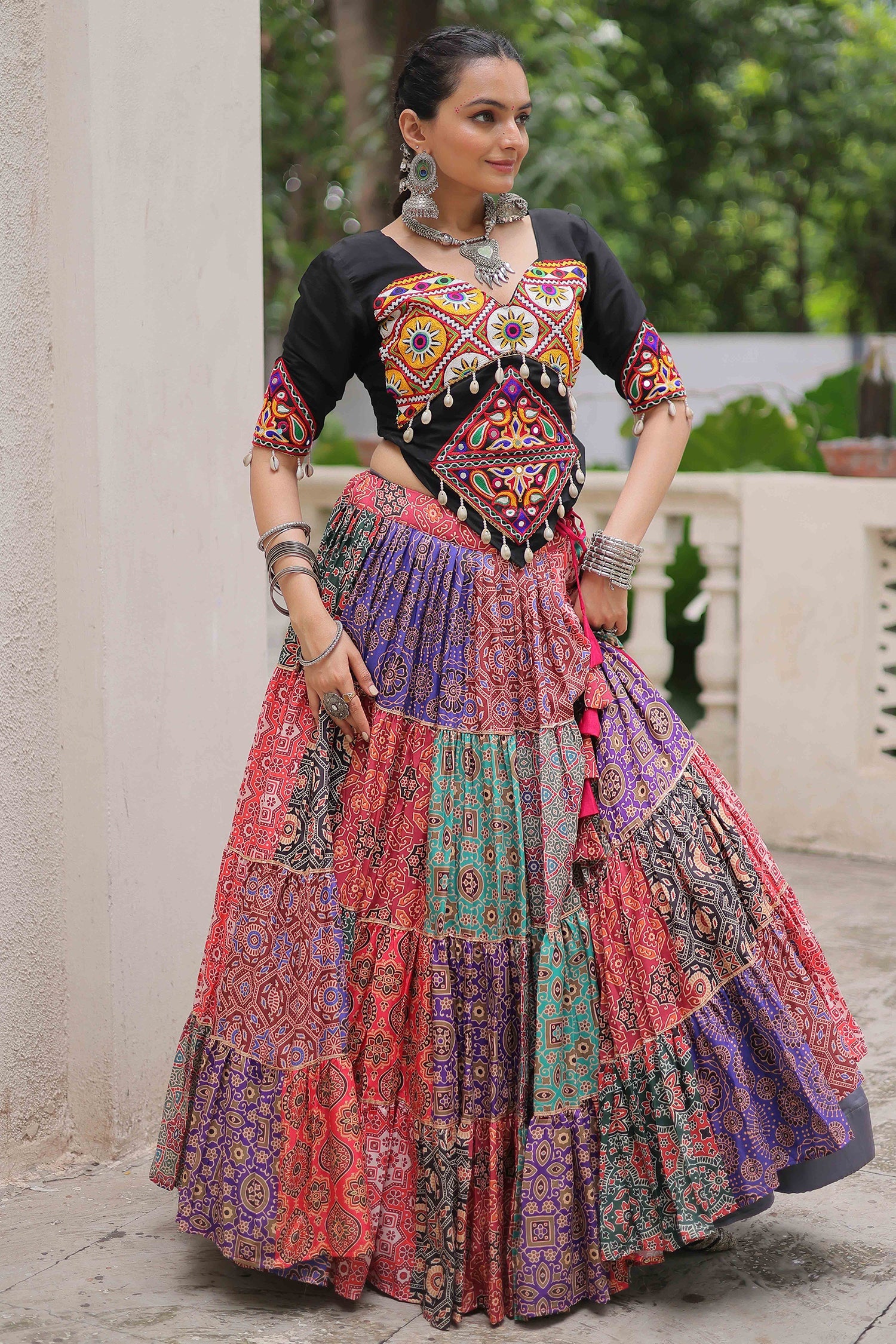 Multi Colored Cotton Printed Lehenga with Kachchi Worked Choli