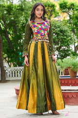 Green Chinon Printed Lehenga with Kachchi Worked Choli