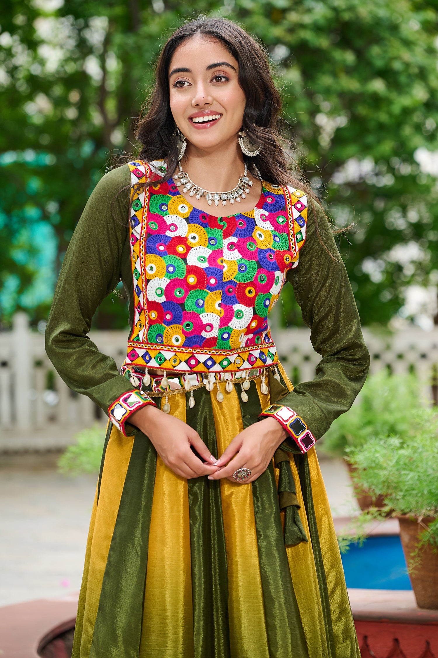 Green Chinon Printed Lehenga with Kachchi Worked Choli