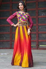 Maroon Chinon Printed Lehenga with Kachchi Worked Choli