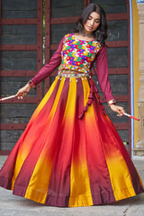 Maroon Chinon Printed Lehenga with Kachchi Worked Choli