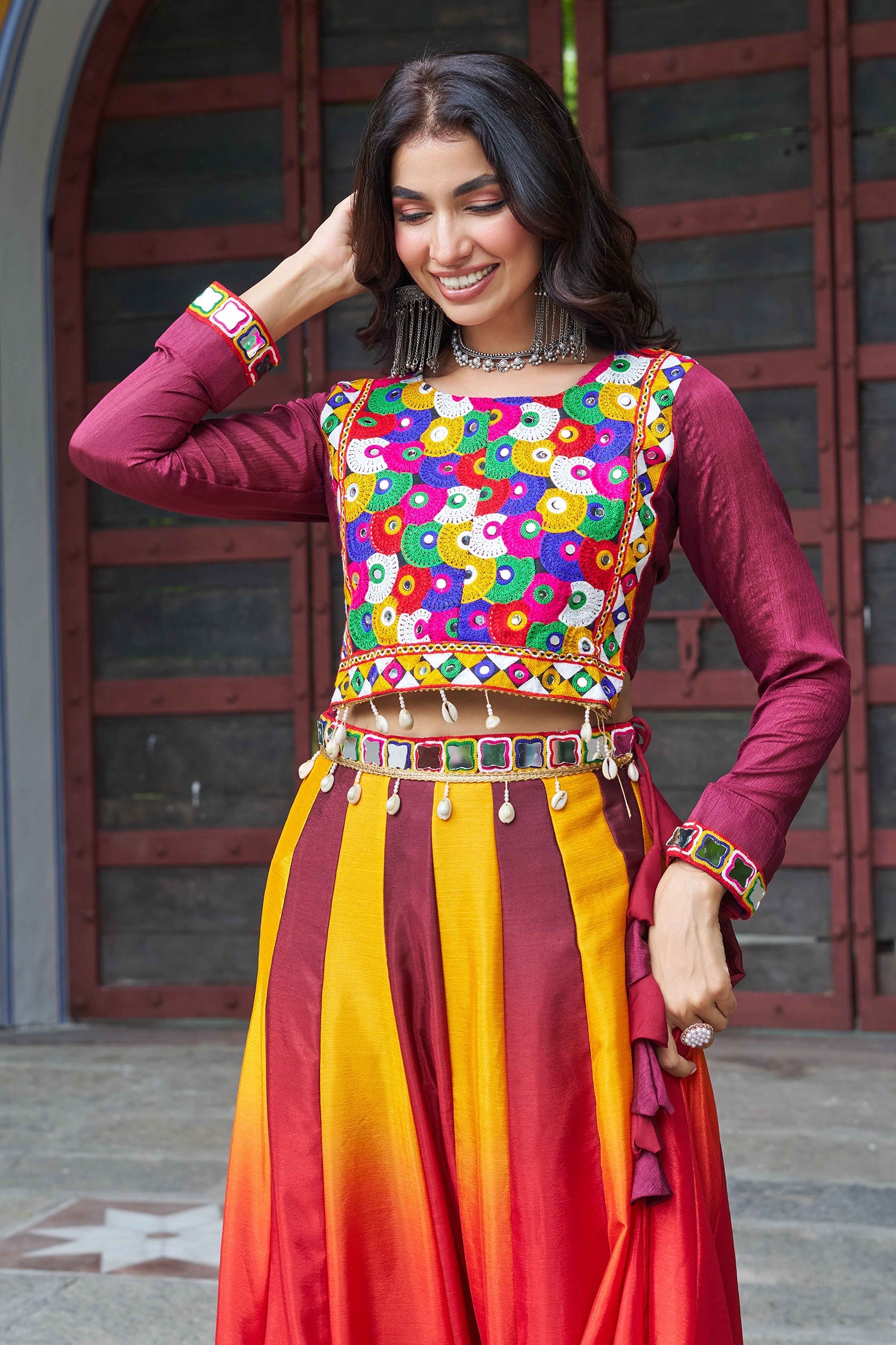 Maroon Chinon Printed Lehenga with Kachchi Worked Choli
