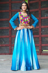 Blue Chinon Printed Lehenga with Kachchi Worked Choli