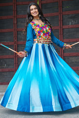 Blue Chinon Printed Lehenga with Kachchi Worked Choli