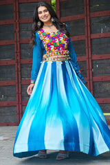 Blue Chinon Printed Lehenga with Kachchi Worked Choli