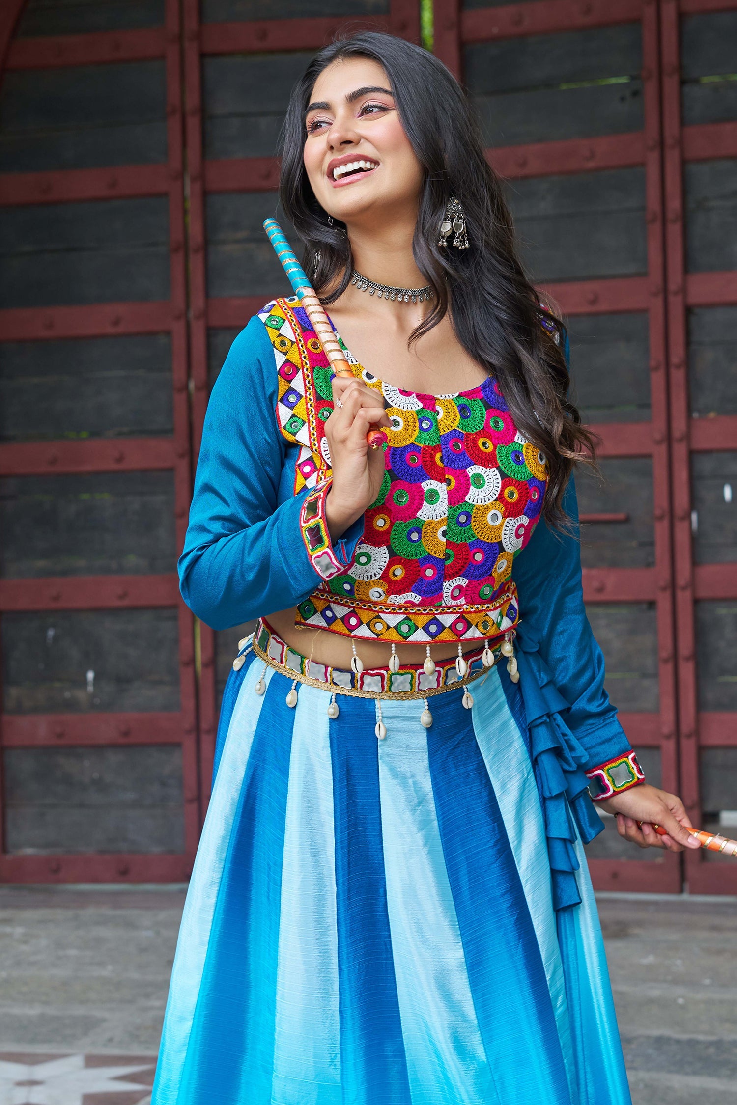Blue Chinon Printed Lehenga with Kachchi Worked Choli