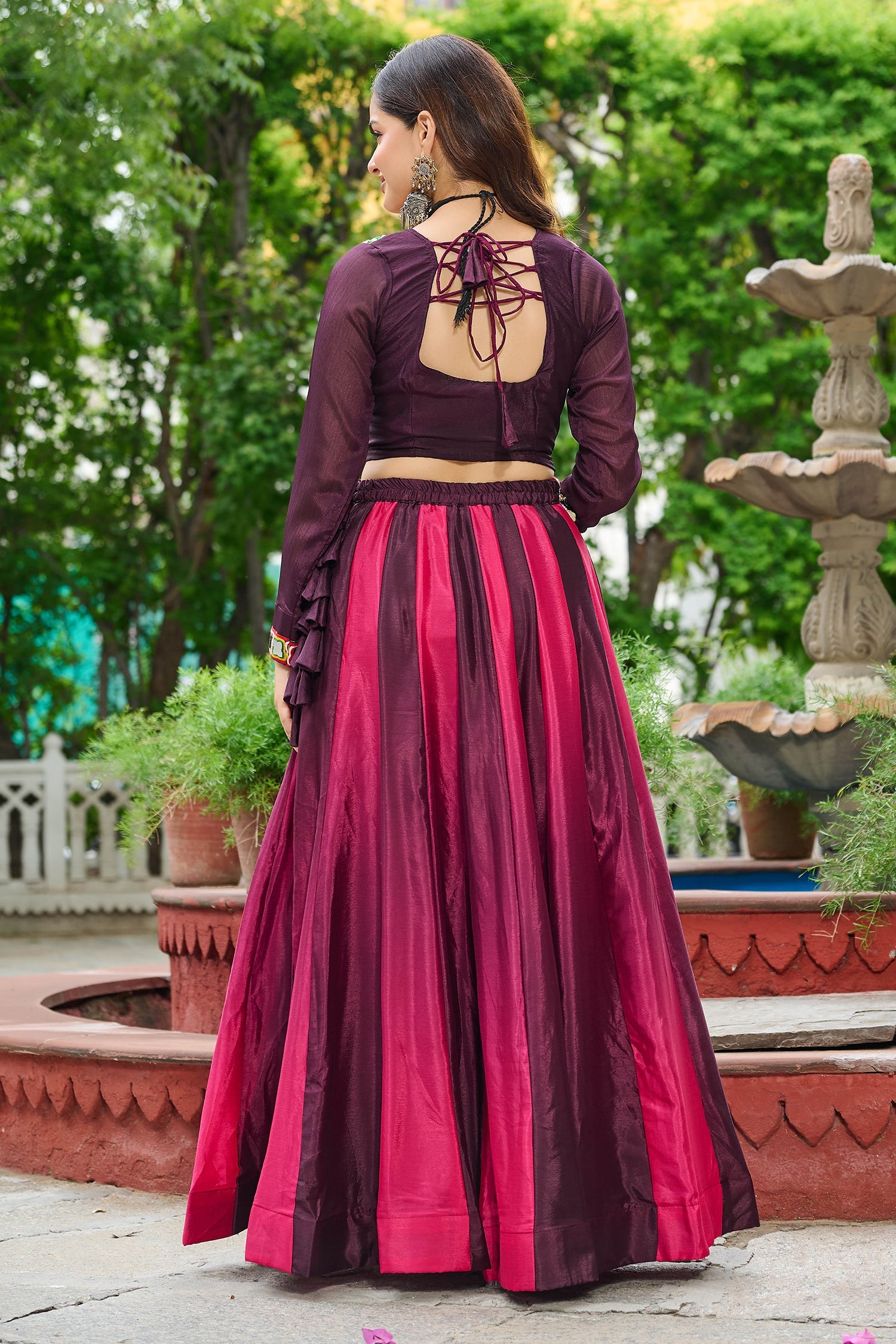 Purple Chinon Printed Lehenga with Kachchi Worked Choli