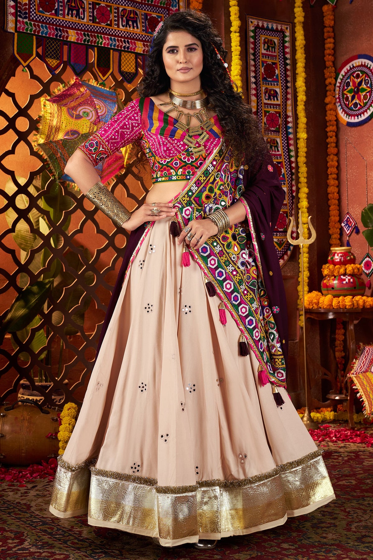 Beige Cotton Mirror Worked Chaniya Choli with Kachchi Work Dupatta