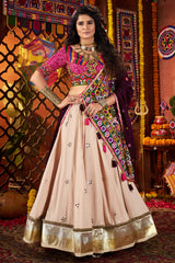 Beige Cotton Mirror Worked Chaniya Choli with Kachchi Work Dupatta