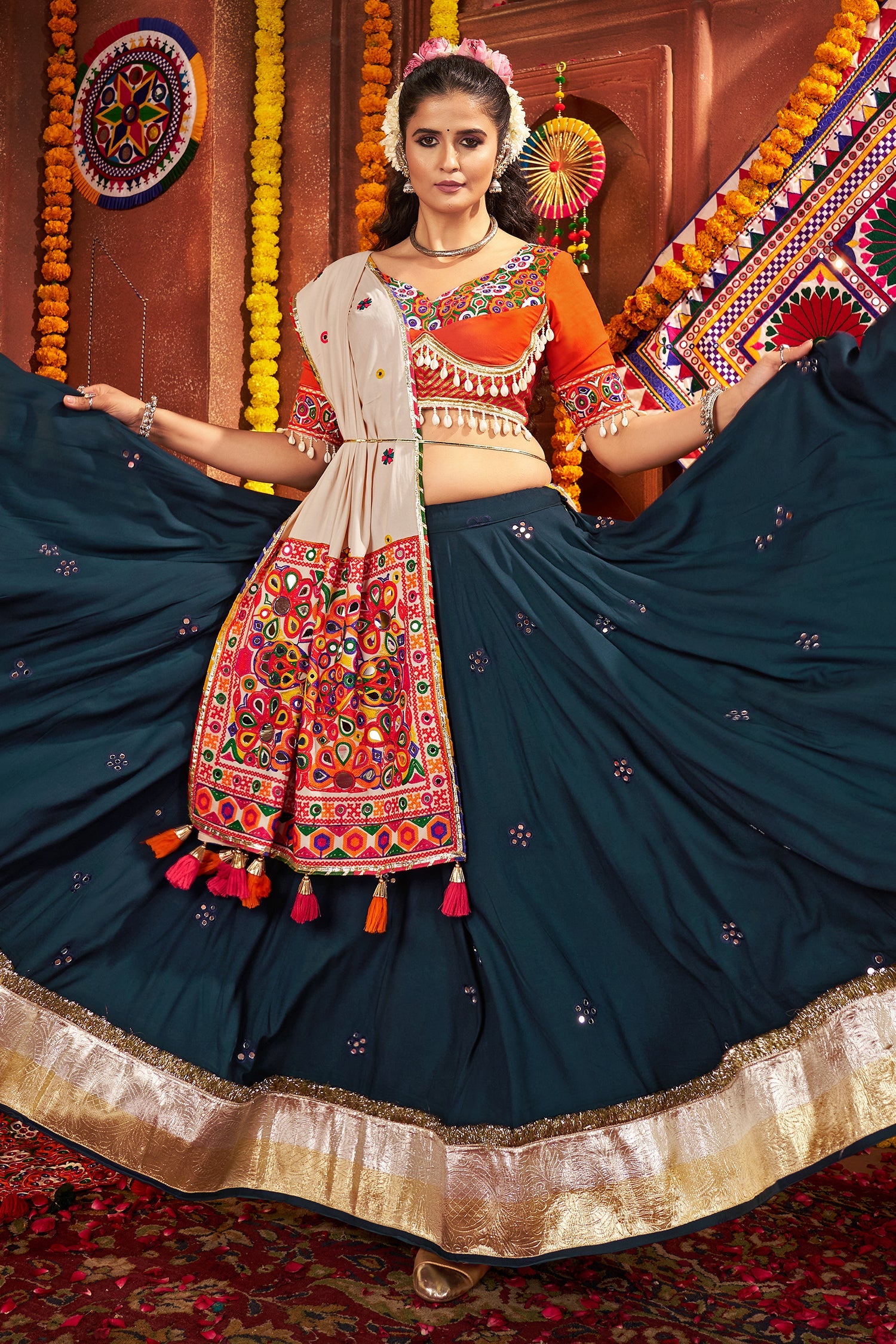 Teal Blue Viscose Cotton Mirror Worked Chaniya Choli with Kachchi Work Dupatta