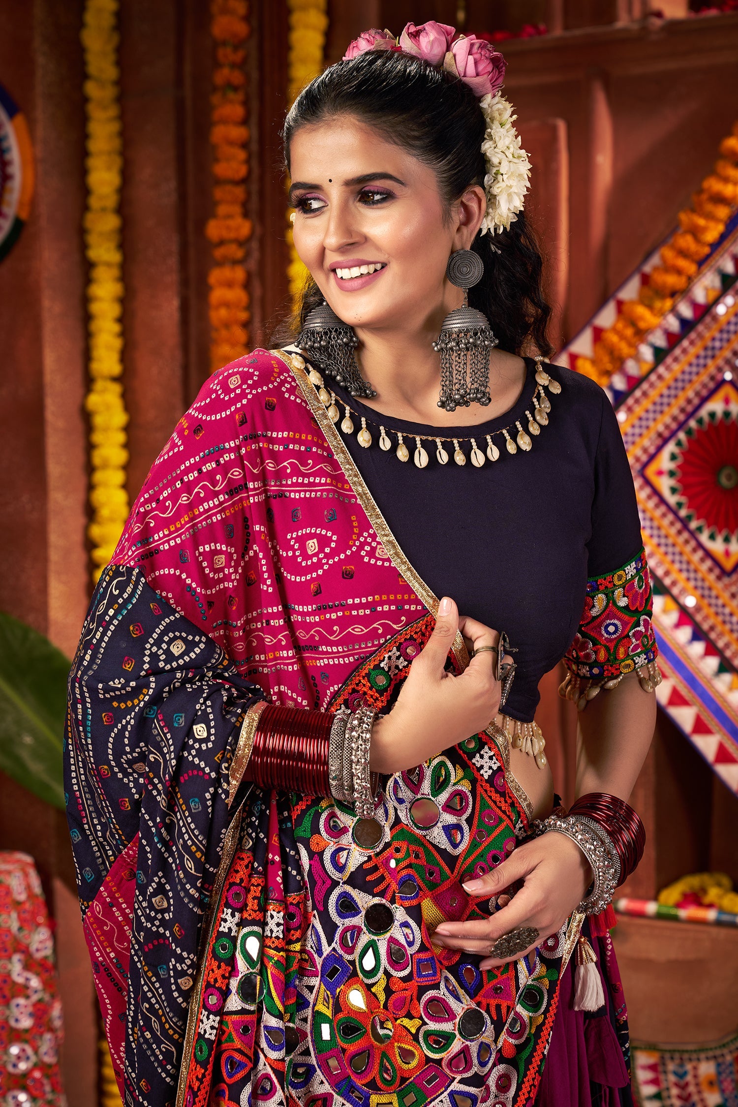 Multi Colored Viscose Cotton Chaniya Choli with Bandhej and Kachchi Work Dupatta