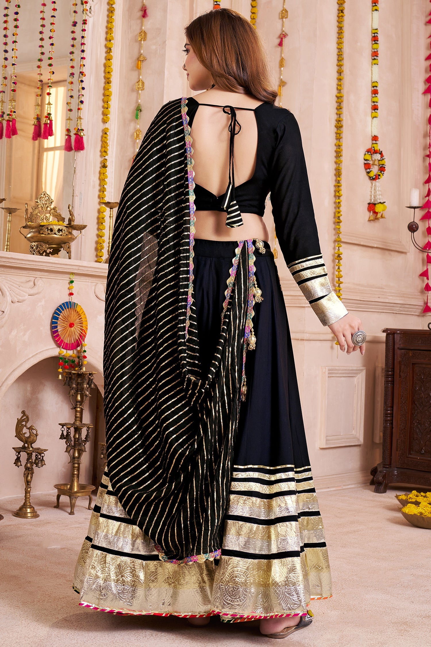 Black Viscose Flared Chaniya Choli with Lampi Border