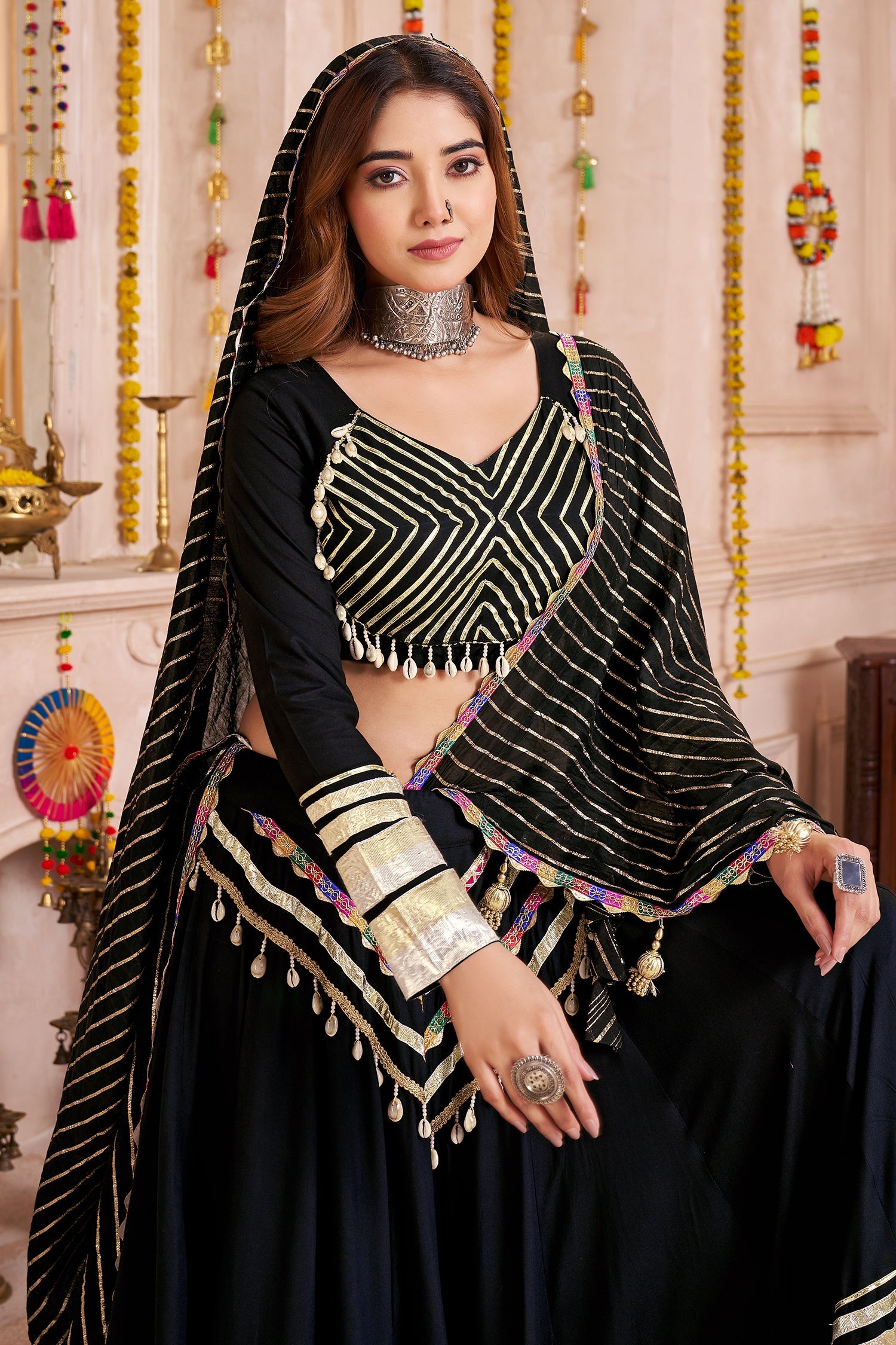 Black Viscose Flared Chaniya Choli with Lampi Border