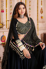 Black Viscose Flared Chaniya Choli with Lampi Border