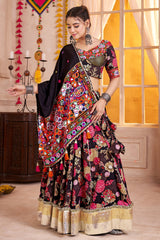 Black Viscose Flared Printed Chaniya Choli with Lampi Border