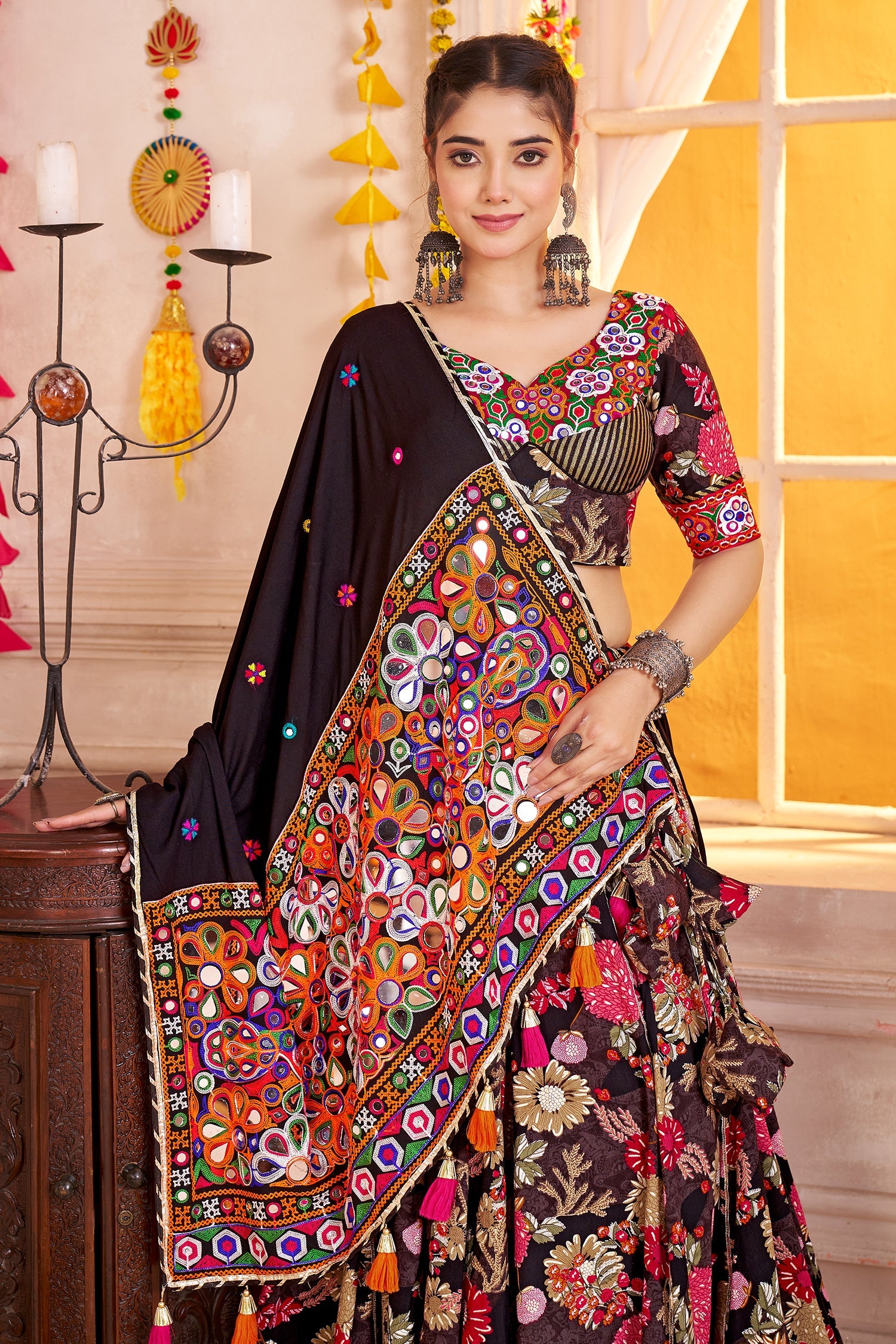 Black Viscose Flared Printed Chaniya Choli with Lampi Border