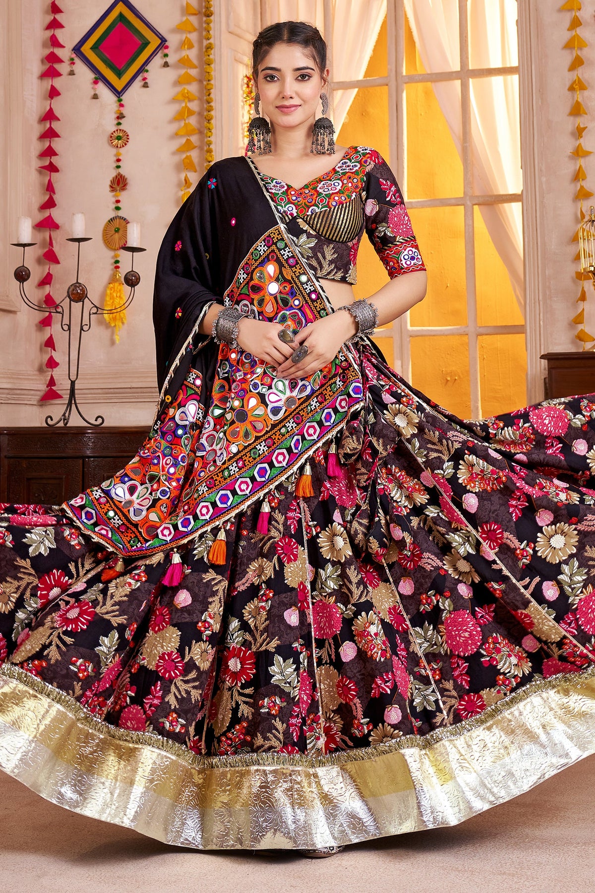 Black Viscose Flared Printed Chaniya Choli with Lampi Border