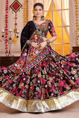 Black Viscose Flared Printed Chaniya Choli with Lampi Border