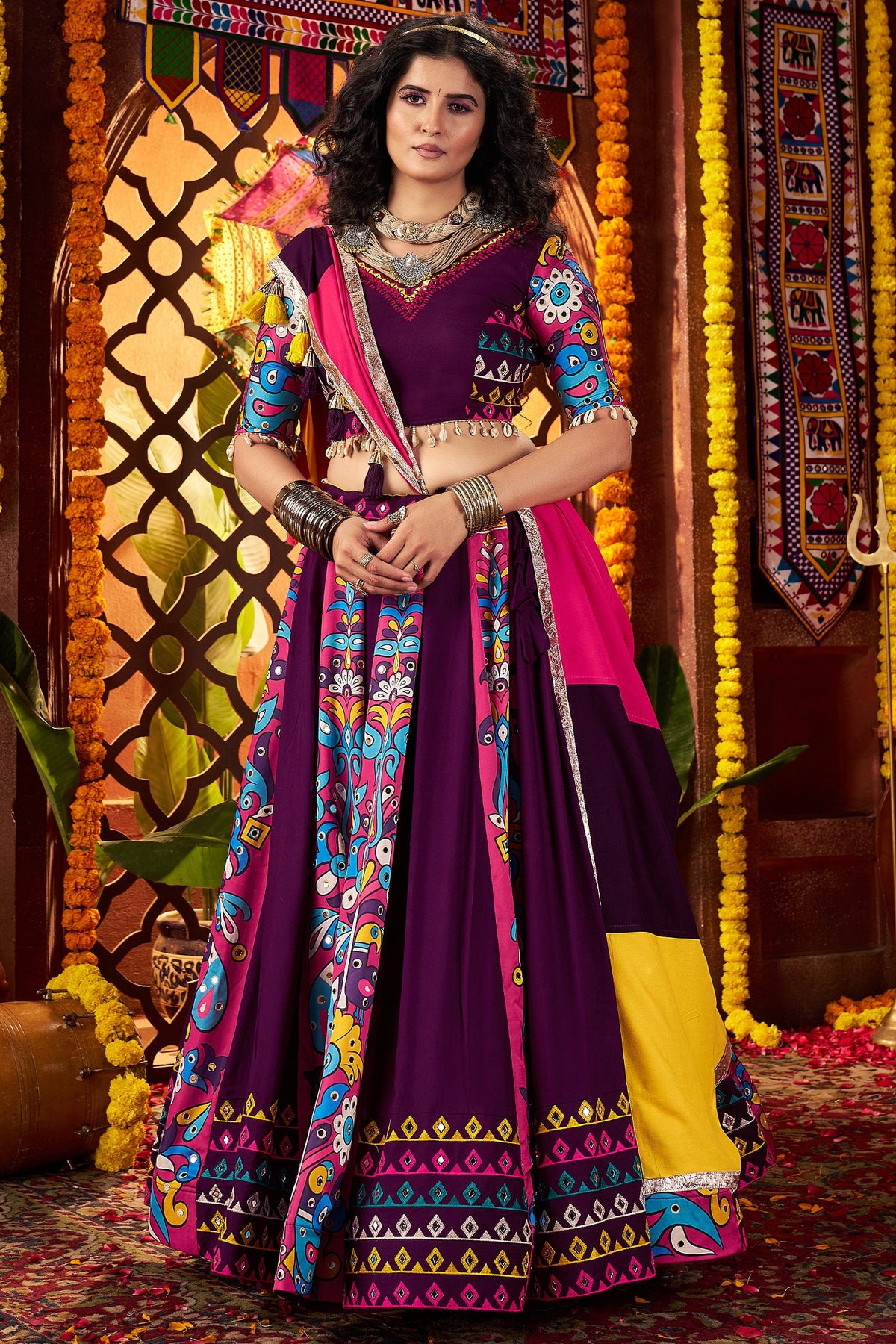 Purple Viscose Cotton Printed and Mirror Embroidery Worked Chaniya Choli