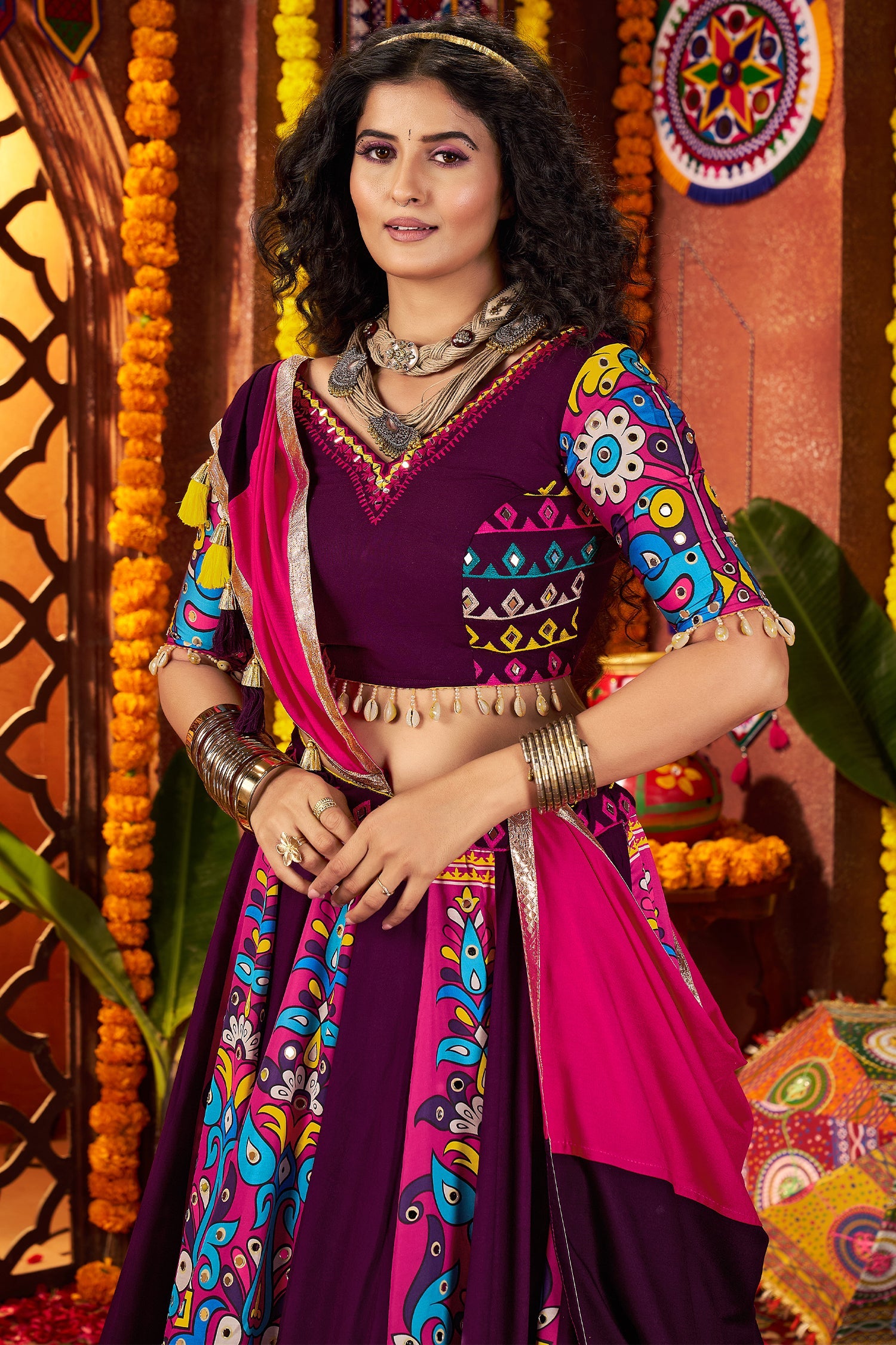Purple Viscose Cotton Printed and Mirror Embroidery Worked Chaniya Choli