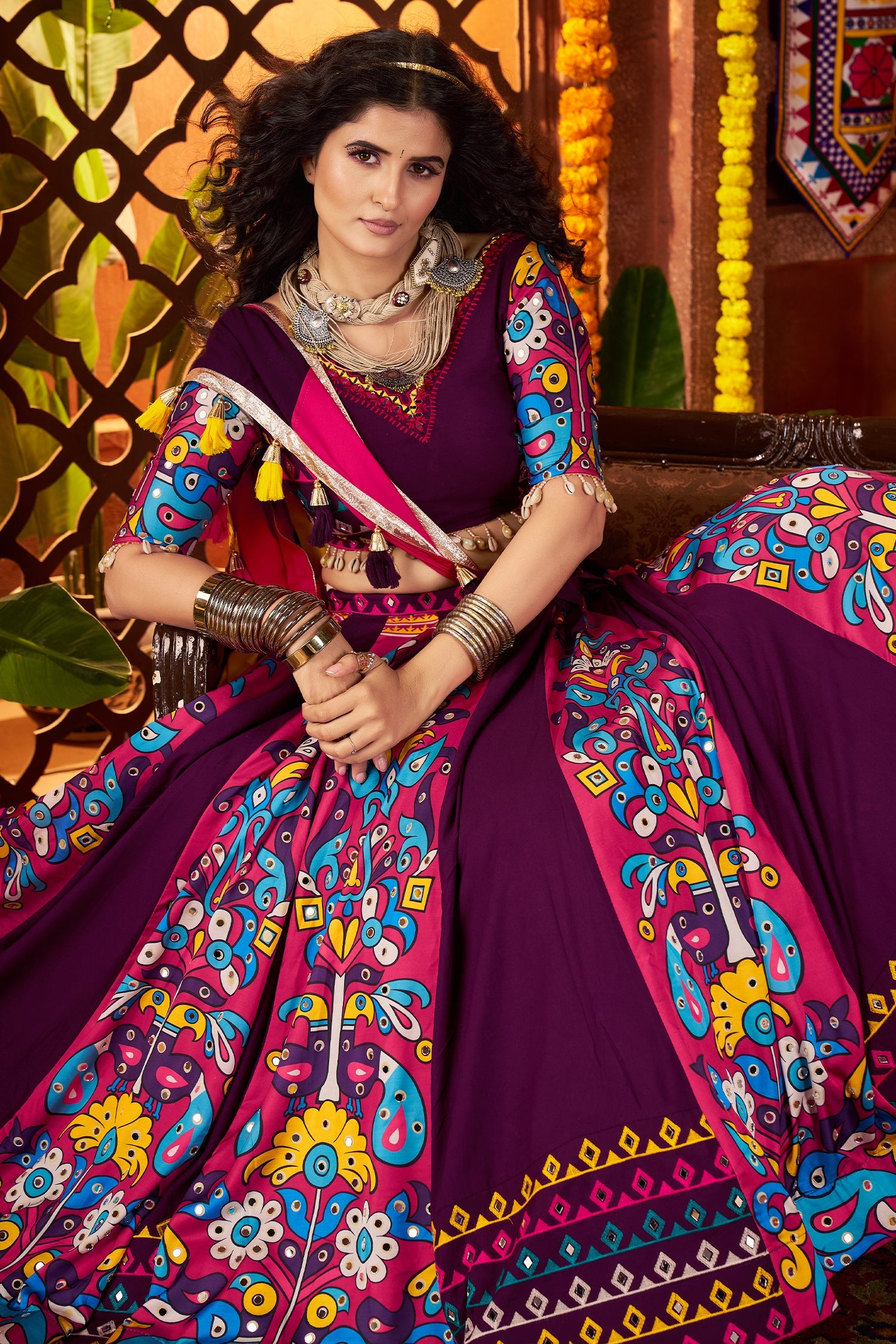Purple Viscose Cotton Printed and Mirror Embroidery Worked Chaniya Choli
