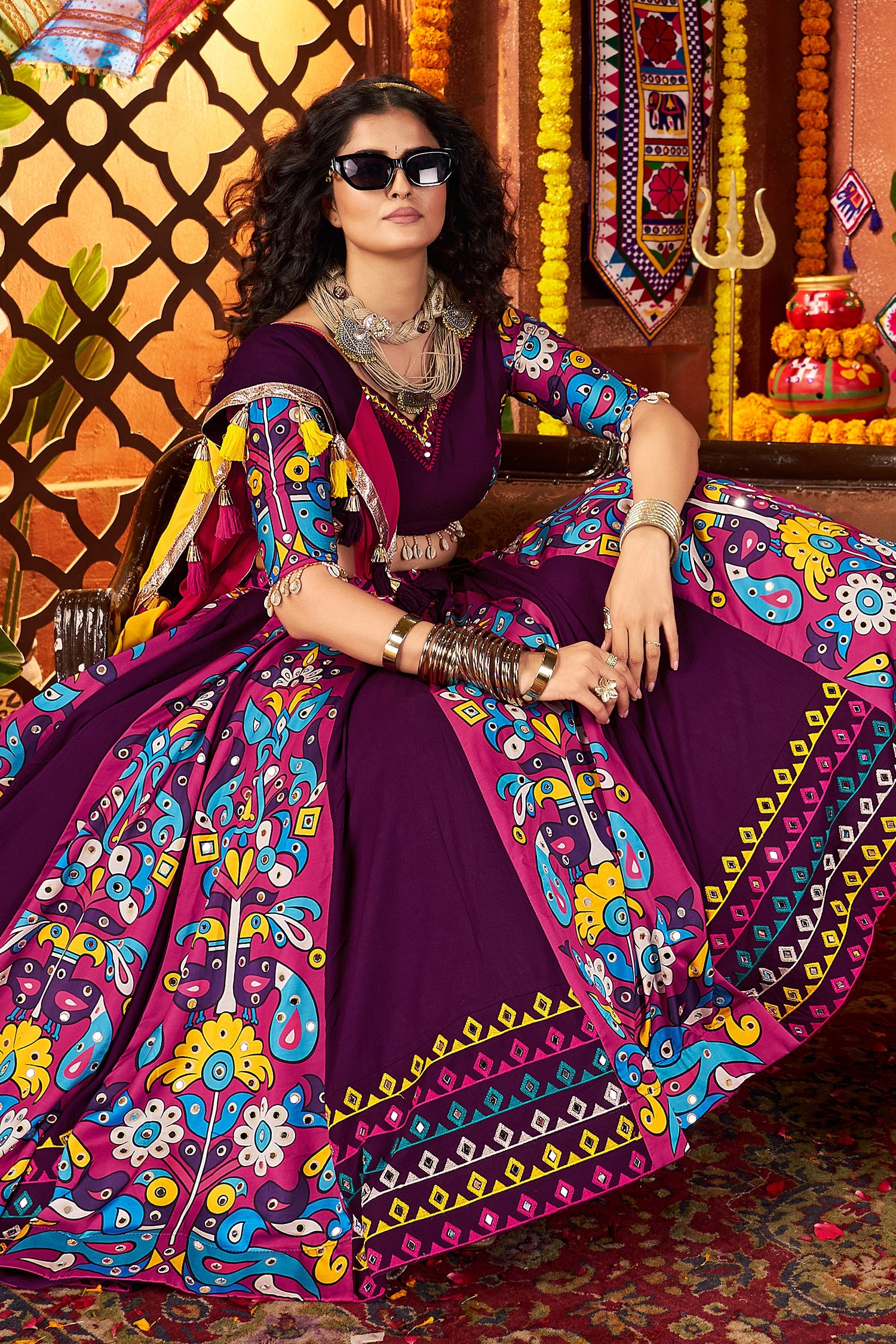 Purple Viscose Cotton Printed and Mirror Embroidery Worked Chaniya Choli
