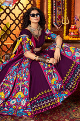 Purple Viscose Cotton Printed and Mirror Embroidery Worked Chaniya Choli