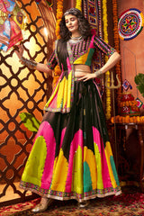 Black and Multi Colored Gaji Silk Printed and Mirror Worked Chaniya Choli