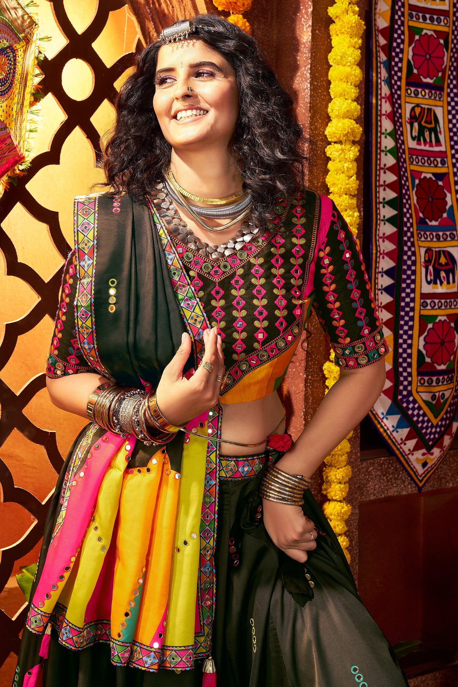 Black and Multi Colored Gaji Silk Printed and Mirror Worked Chaniya Choli