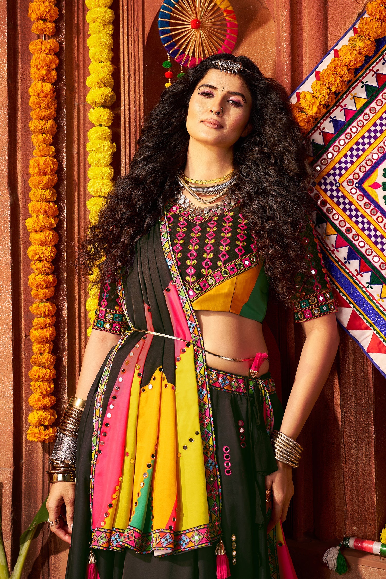 Black and Multi Colored Gaji Silk Printed and Mirror Worked Chaniya Choli