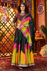 Black and Multi Colored Gaji Silk Printed and Mirror Worked Chaniya Choli
