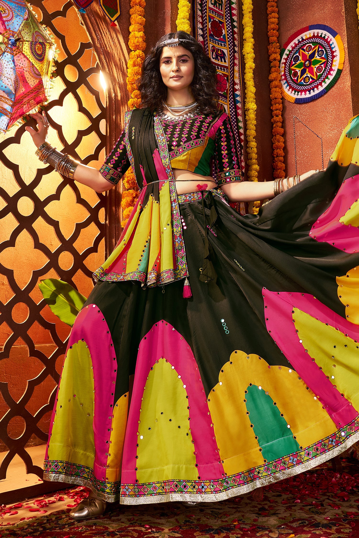 Black and Multi Colored Gaji Silk Printed and Mirror Worked Chaniya Choli