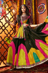 Black and Multi Colored Gaji Silk Printed and Mirror Worked Chaniya Choli