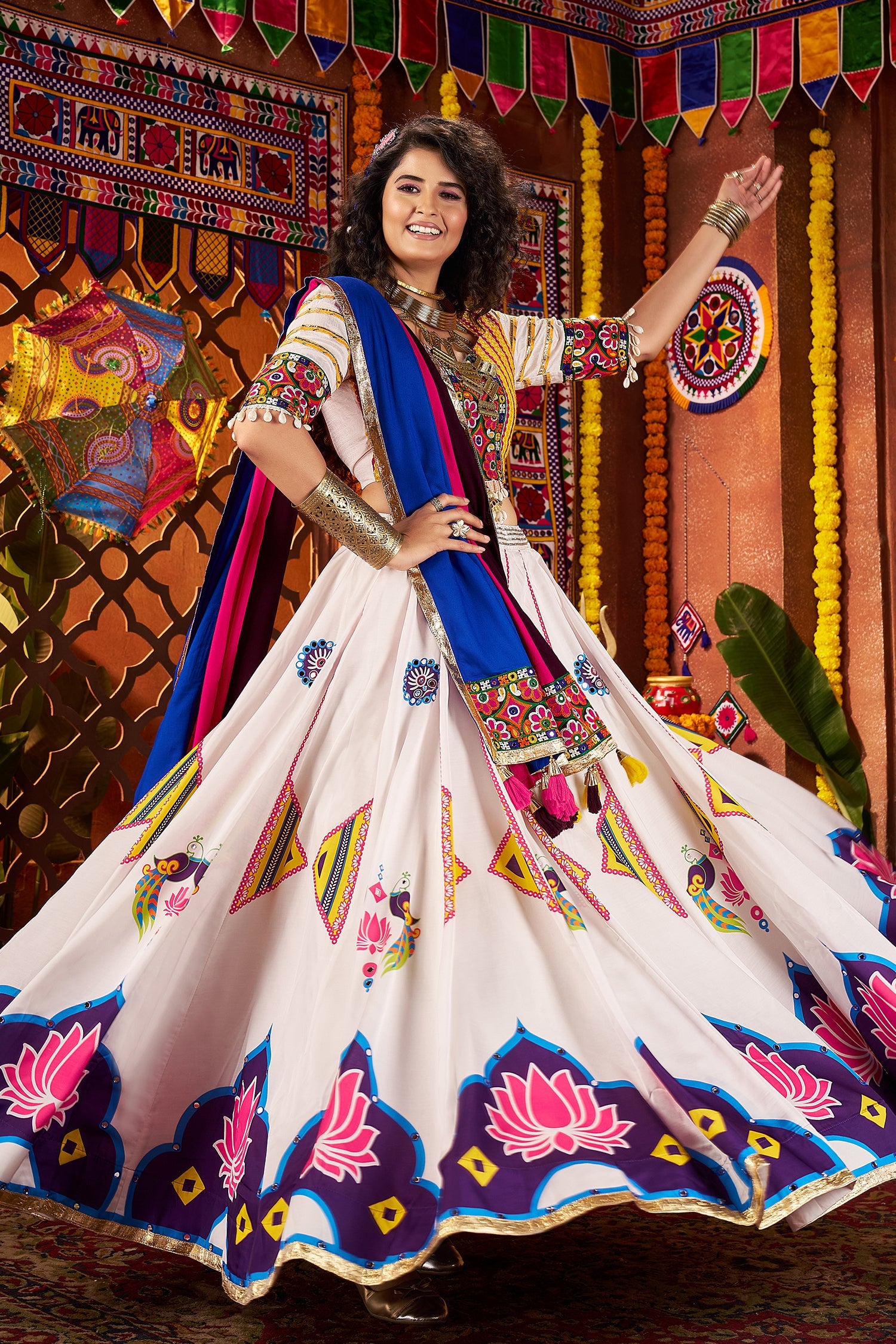 Off White Gaji Silk Printed and Mirror Worked Chaniya Choli