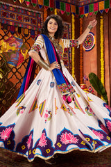 Off White Gaji Silk Printed and Mirror Worked Chaniya Choli