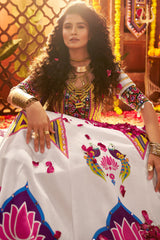 Off White Gaji Silk Printed and Mirror Worked Chaniya Choli