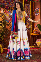 Off White Gaji Silk Printed and Mirror Worked Chaniya Choli